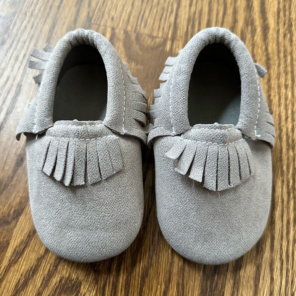 Baby moccasins grey, size 9-12M